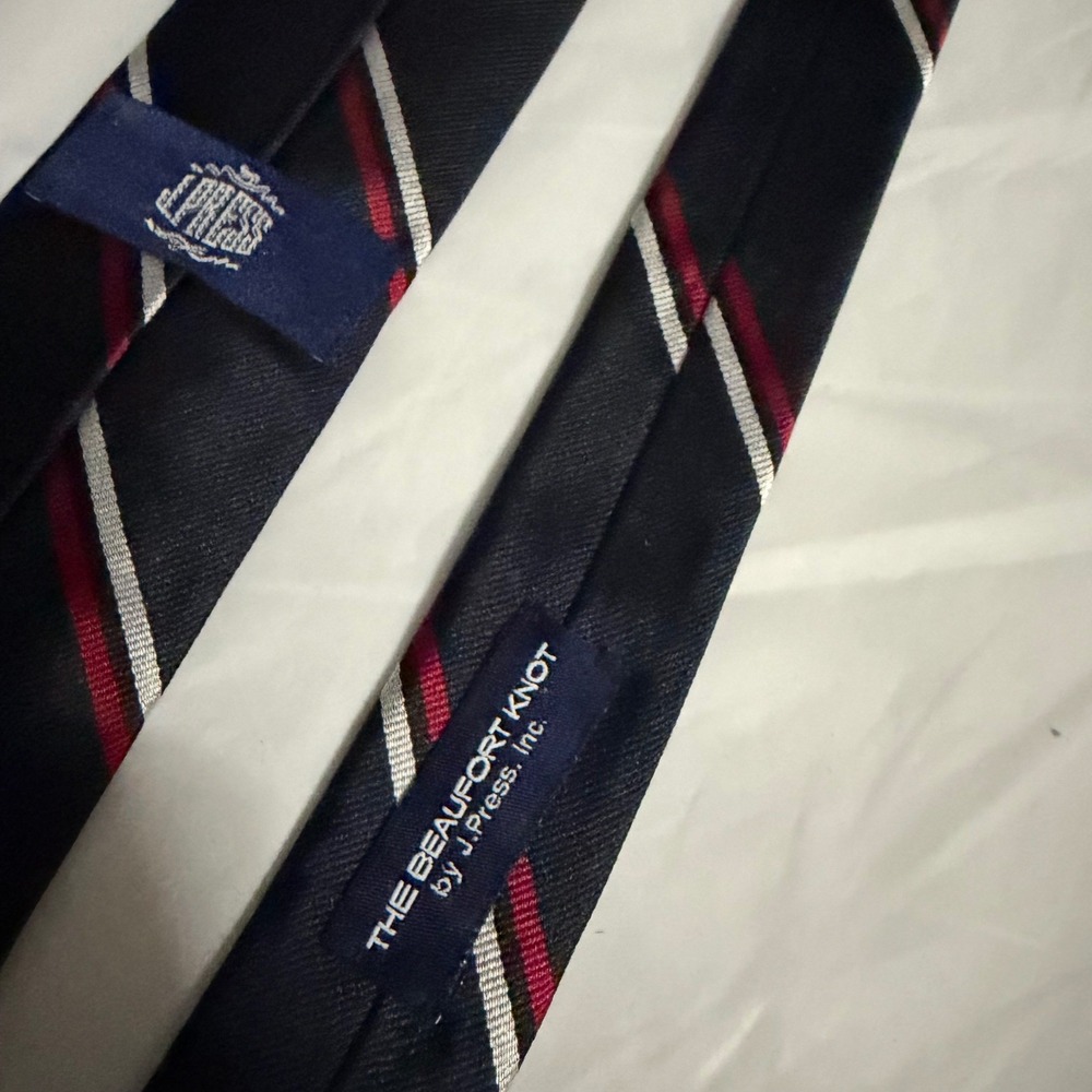 J. Press Mens Beaufort Knot Striped Silk Necktie OS Navy Red White Repp Tie